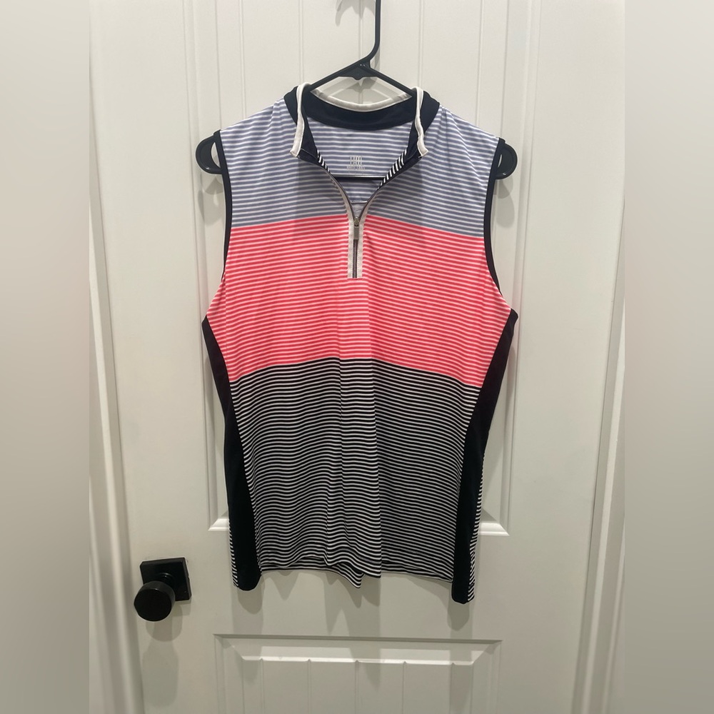 Tail Sleeveless Striped Zip-Front Golf Polo - Coral and Navy